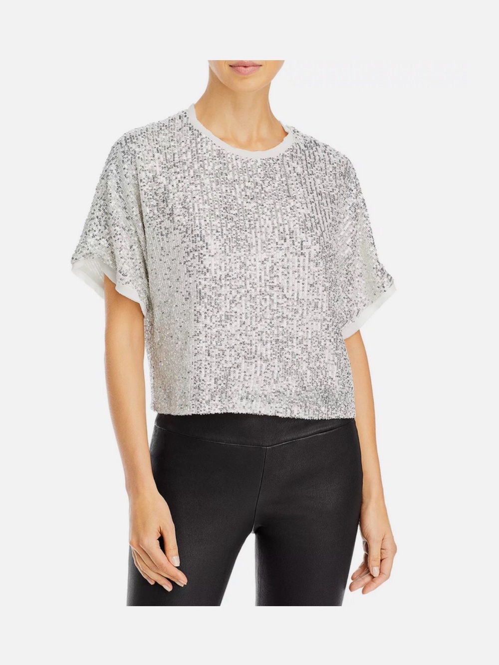 Lucy Paris Sequin Crop Blouse Silver White Women’s Size L Dolman Sleeve NWT